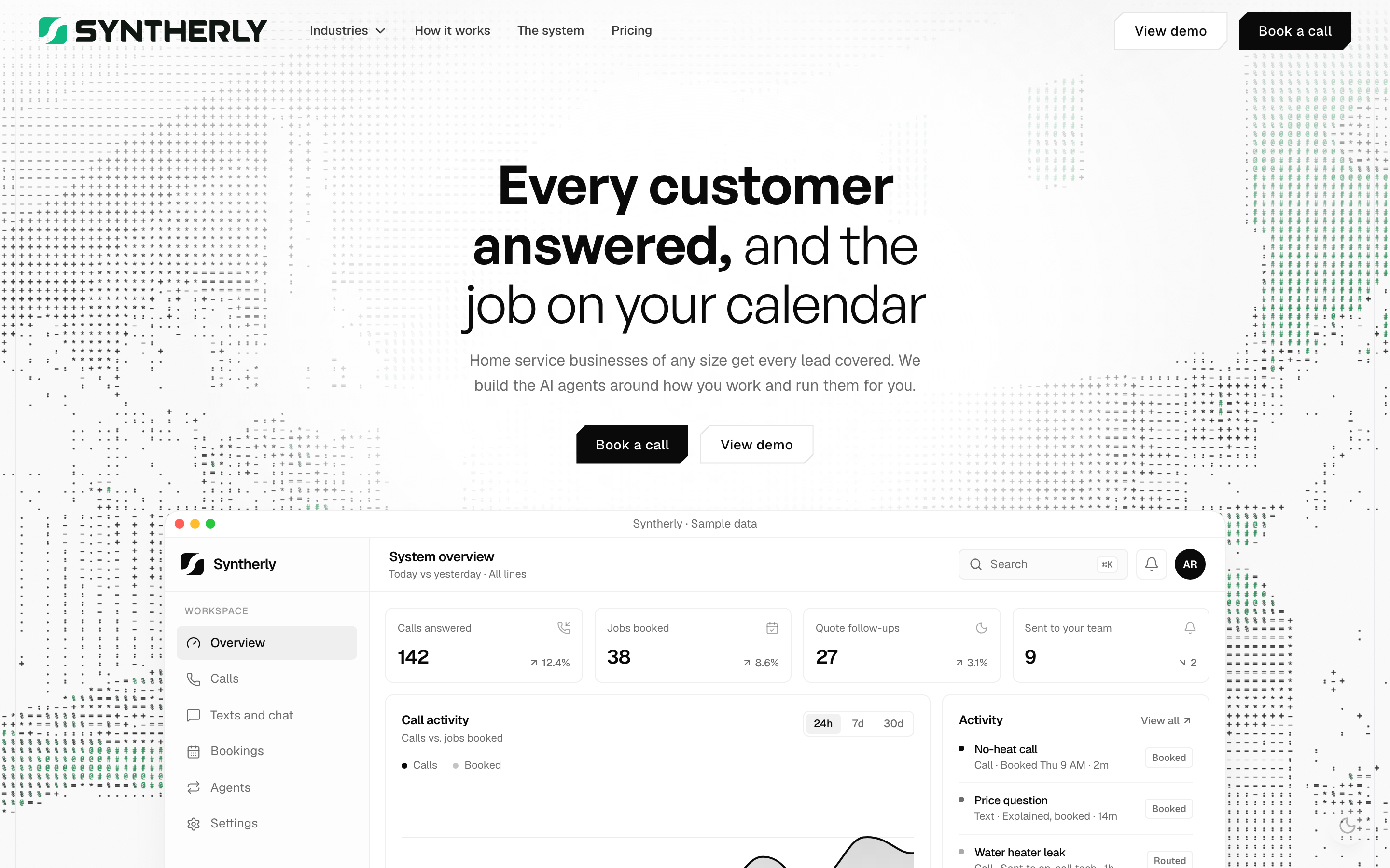 The syntherly.com home page: every customer answered, and the job on your calendar