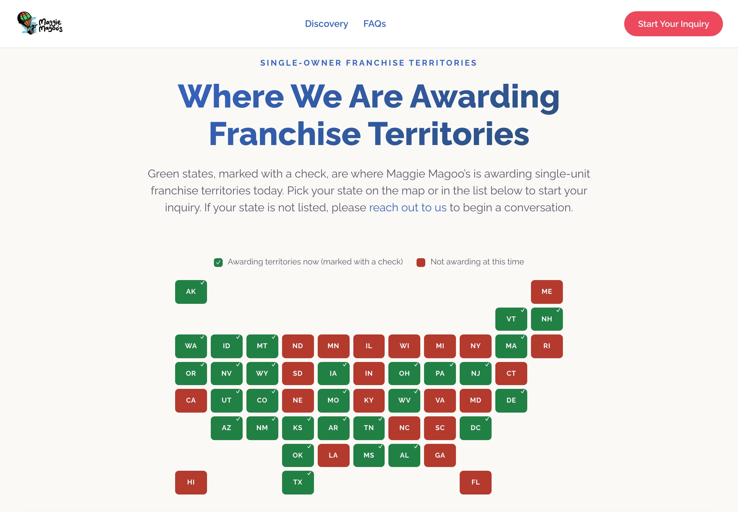 The Maggie Magoo's franchise website, built by Syntherly Studios: the territories map
