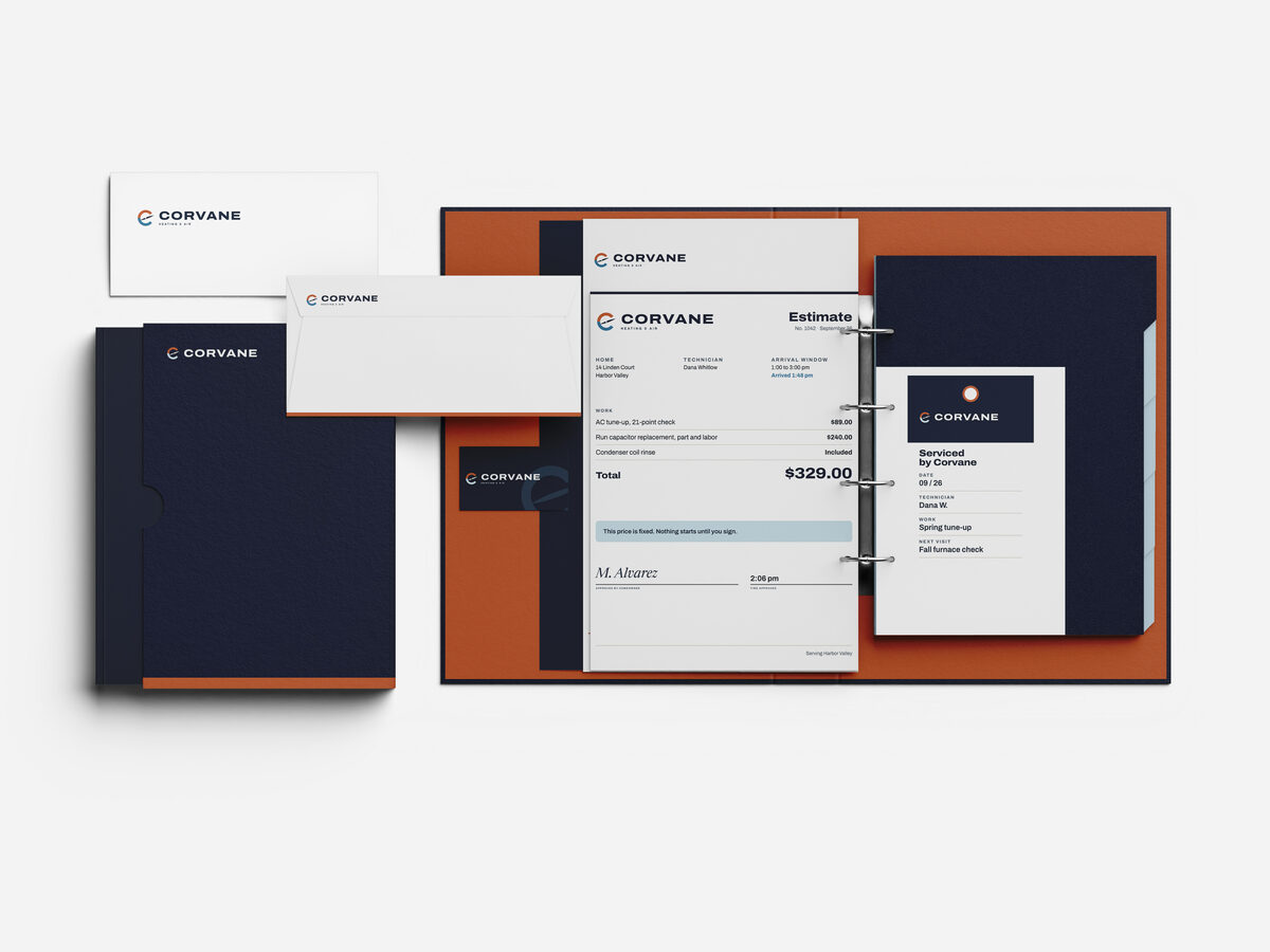 Concept brand: Corvane Heating & Air (fictional). Corvane stationery we designed: business card, letterhead, envelope, folio, estimate sheet and service tag.