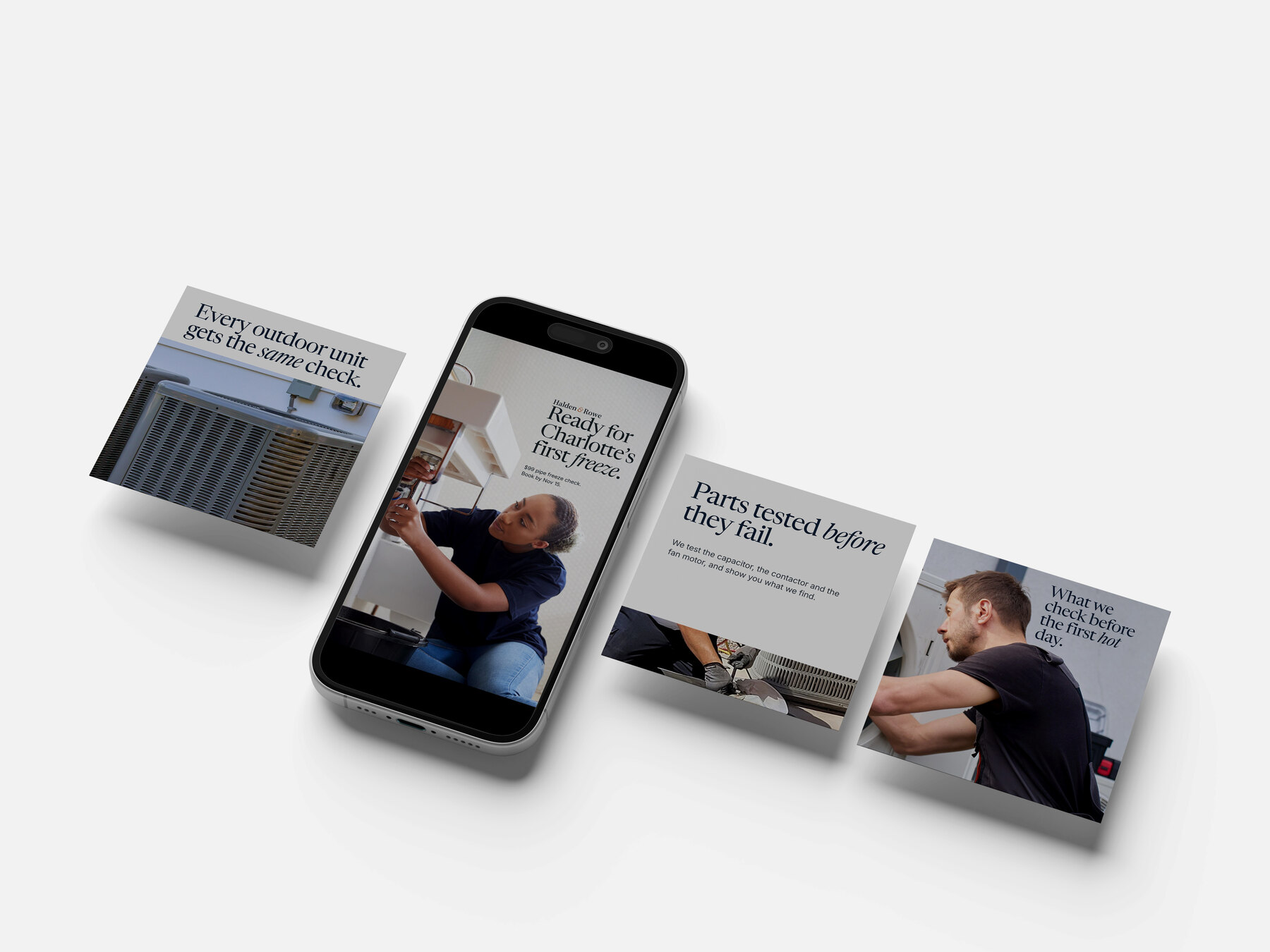 Concept brands: Corvane Heating & Air and Halden & Rowe (fictional). A phone showing the Halden & Rowe story ad, with Halden & Rowe and Corvane square ads beside it.