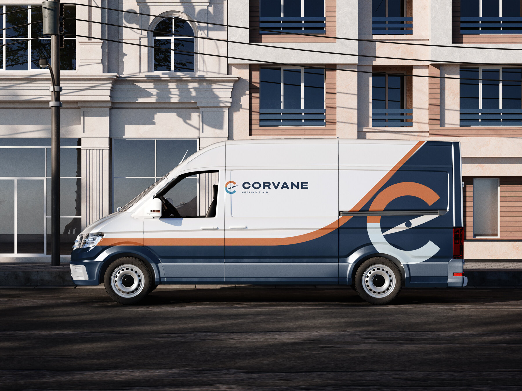 Concept brand: Corvane Heating & Air (fictional). A Corvane Heating & Air cargo van in the livery we designed, seen side-on on a city street.