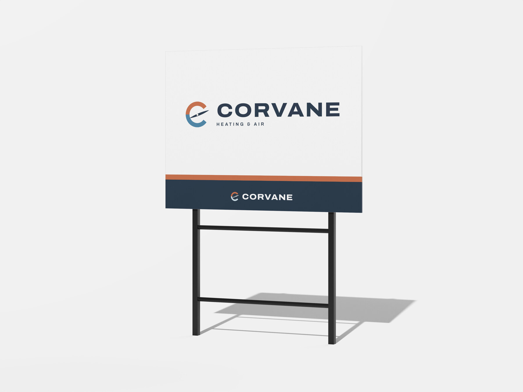Concept brand: Corvane Heating & Air (fictional). A Corvane yard sign we designed, on a light grey ground.
