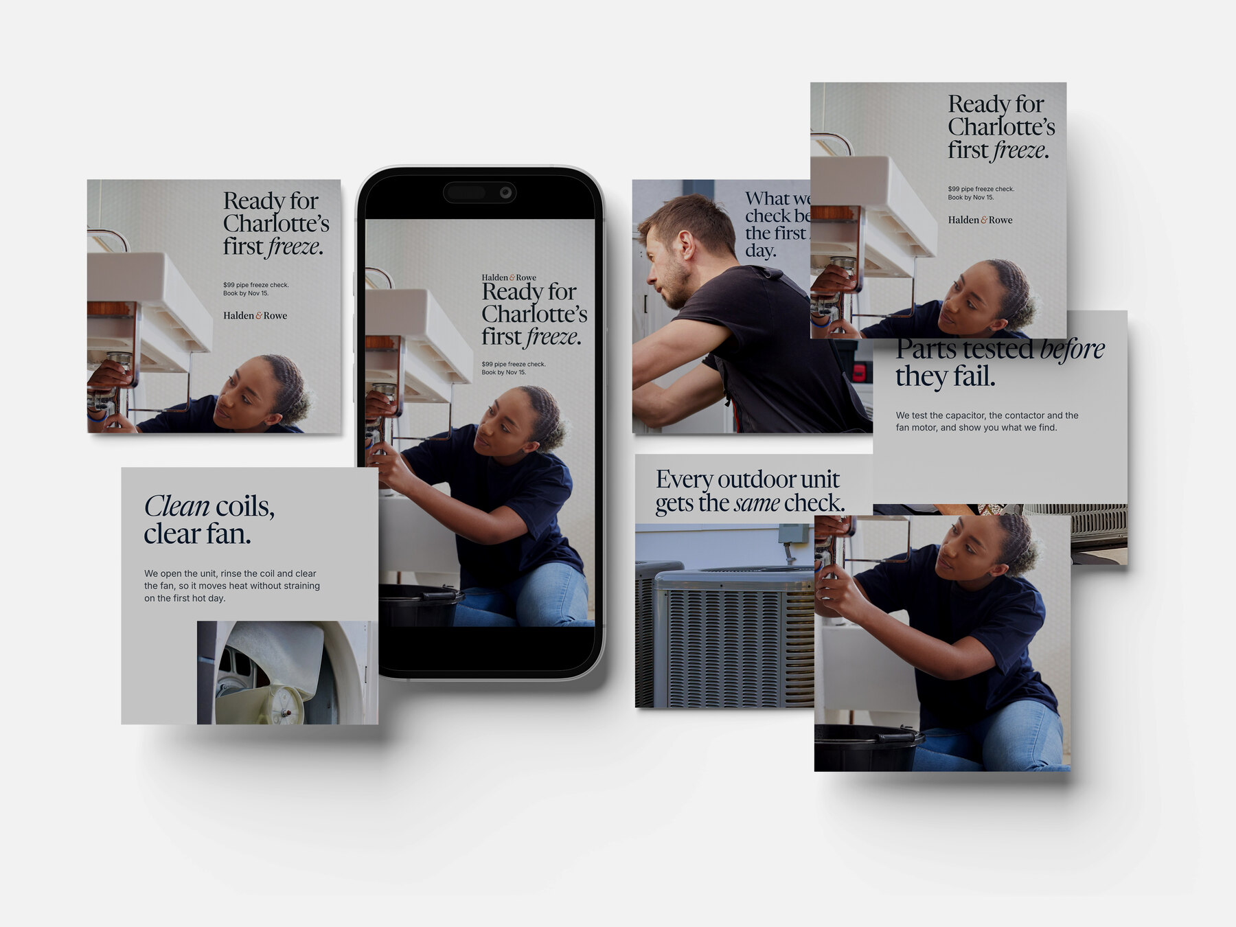 Concept brands: Corvane Heating & Air and Halden & Rowe (fictional). Halden & Rowe and Corvane ads laid out flat around a phone showing the Halden & Rowe story ad.
