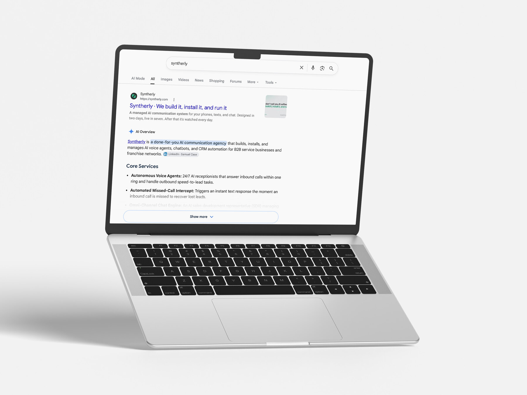A laptop showing the Google result for Syntherly: syntherly.com first, with an AI Overview that names Syntherly.