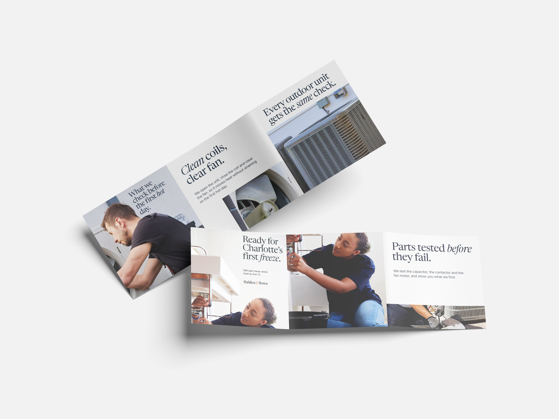 Concept brands: Corvane Heating & Air and Halden & Rowe (fictional). Four Corvane carousel cards and two Halden & Rowe square ads laid out as printed strips on a light grey surface.