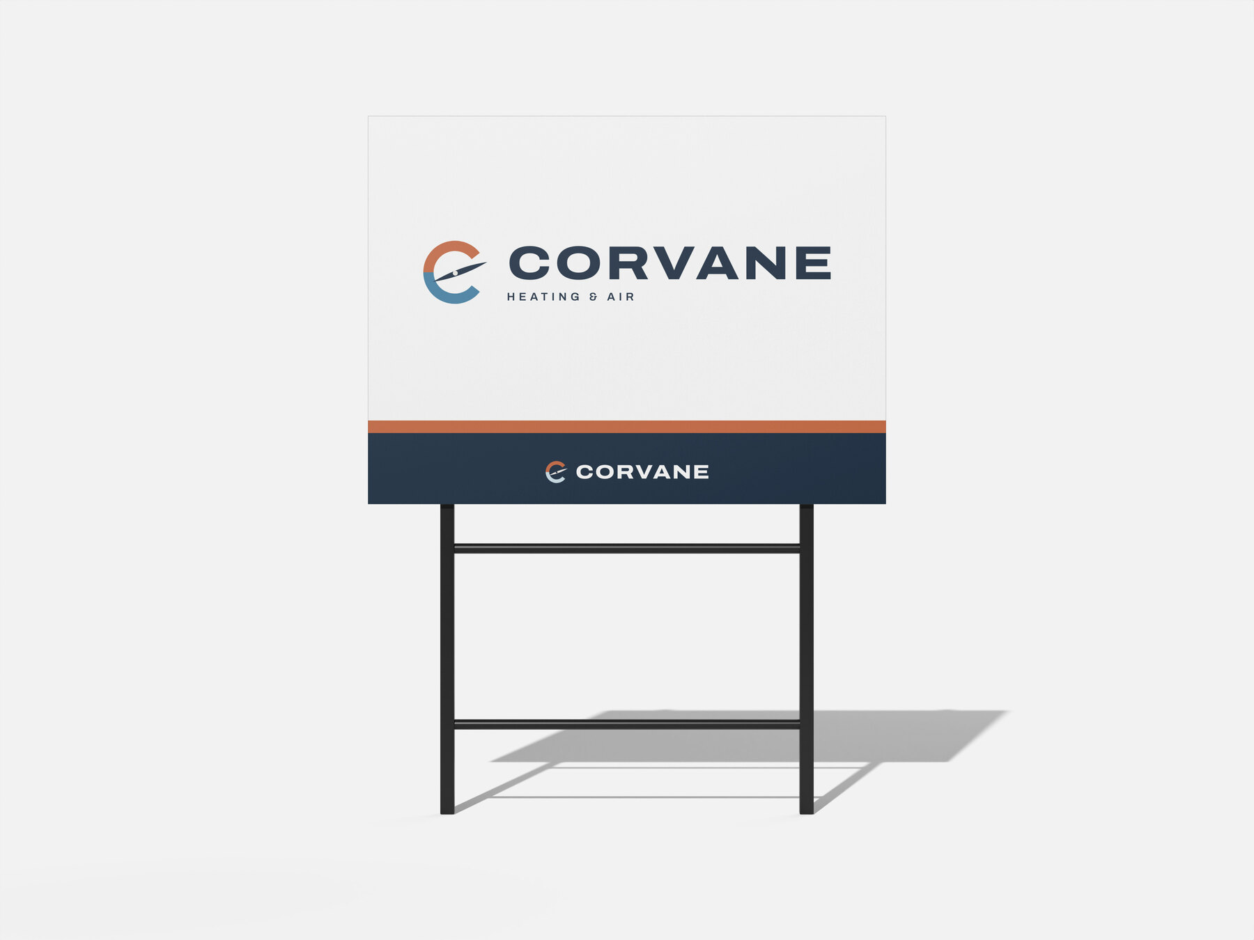 Concept brand: Corvane Heating & Air (fictional). A Corvane yard sign we designed, on a light grey ground.
