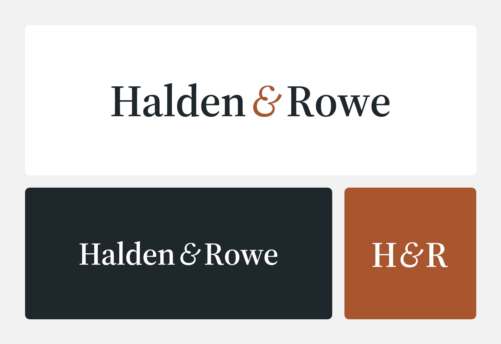 Concept brand: Halden & Rowe (fictional). The Halden & Rowe wordmark on white and on ink, and the compact H&R mark on the brand's rust colour.