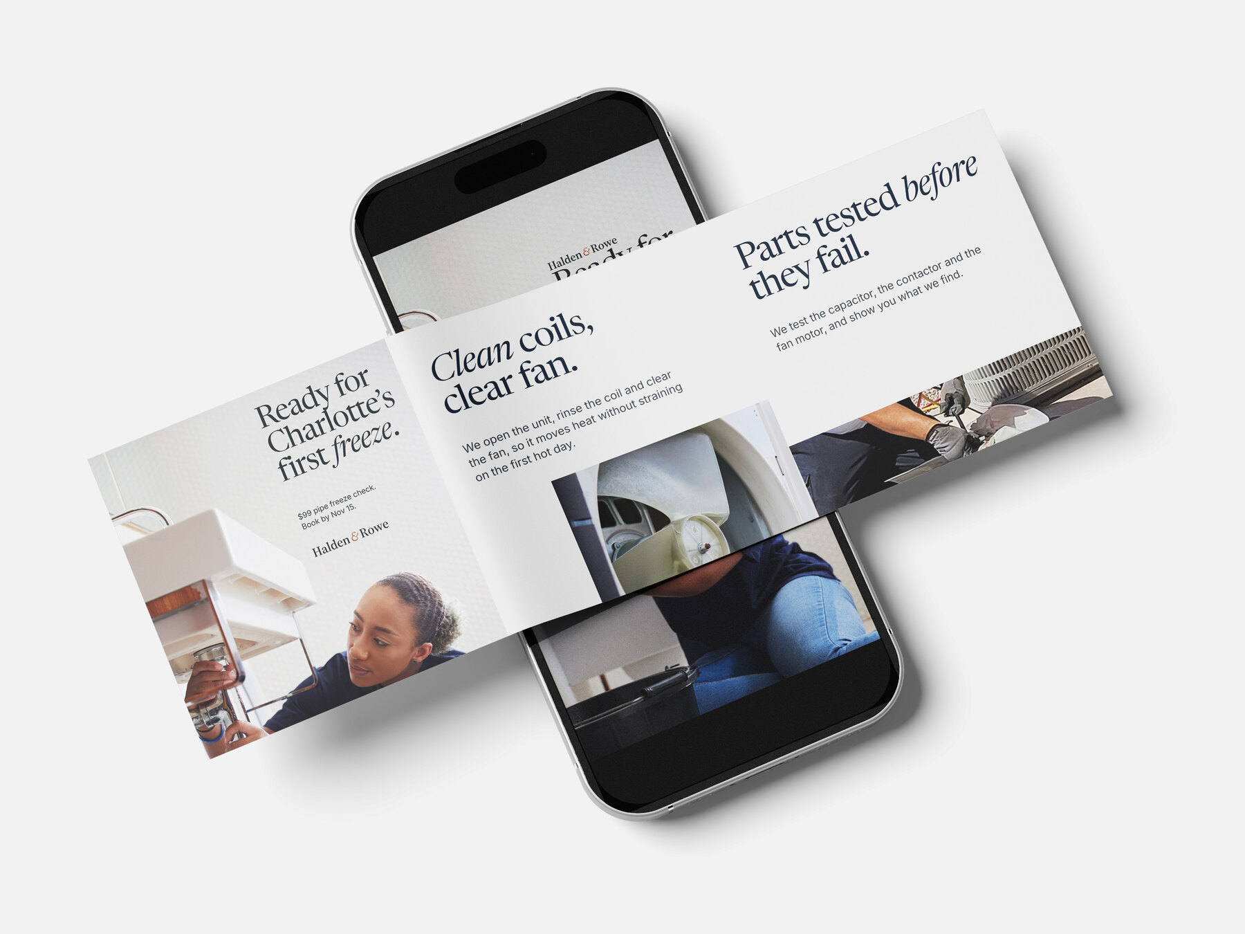 Concept brands: Corvane Heating & Air and Halden & Rowe (fictional). A phone showing the Halden & Rowe pipe freeze check story ad, crossed by a strip of three square ads: Halden & Rowe, the Corvane spring tune-up and a Corvane carousel card.