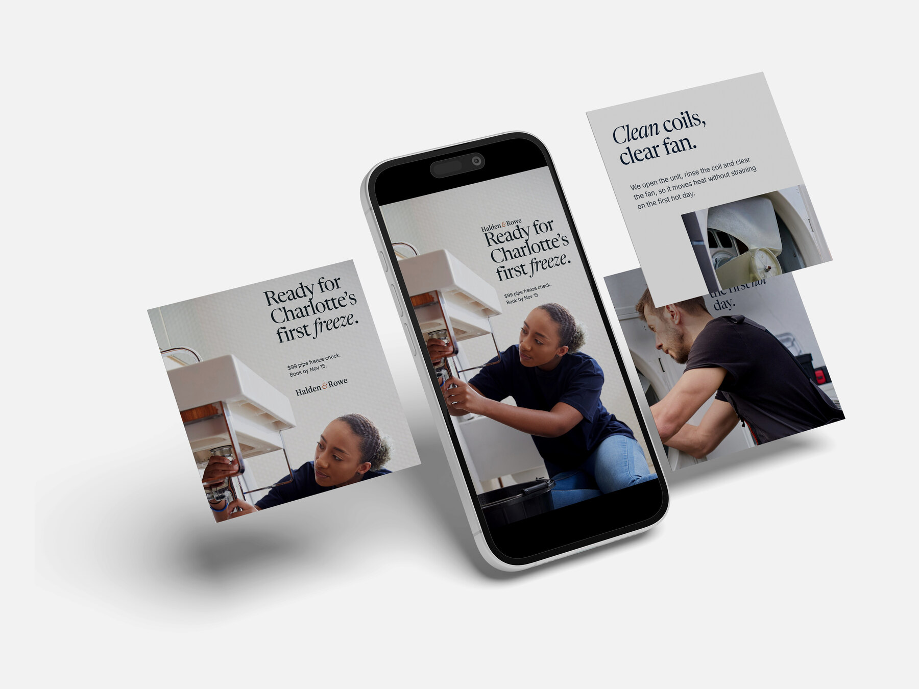 Concept brands: Corvane Heating & Air and Halden & Rowe (fictional). A phone showing the Halden & Rowe pipe freeze check story, beside the Corvane spring tune-up ad and the Halden & Rowe square ad.