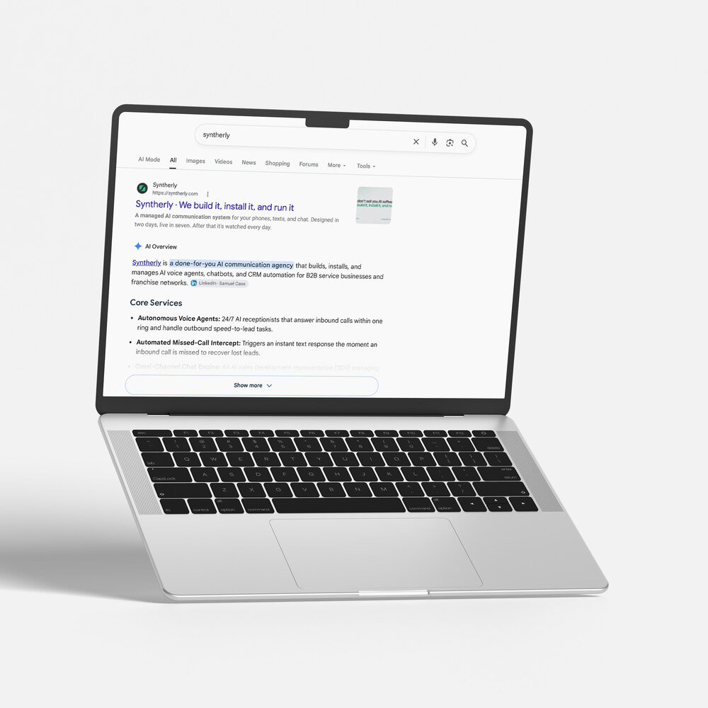 The real Google result for Syntherly on a laptop: syntherly.com ranks first, above an AI Overview that names Syntherly