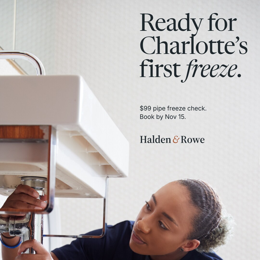 Concept brand: Halden & Rowe (fictional). A plumber in a navy tee works on the pipes under a bathroom sink. Text on the white wall reads: Ready for Charlotte's first freeze. $99 pipe freeze check. Book by Nov 15. Halden & Rowe wordmark.
