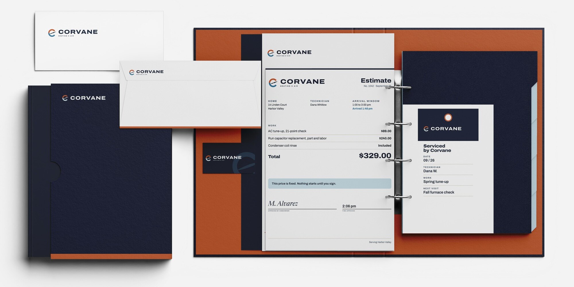Concept brand: Corvane Heating & Air (fictional). Navy and copper Corvane stationery on a light grey surface: a binder open to an estimate sheet, a service tag, an envelope and a card.