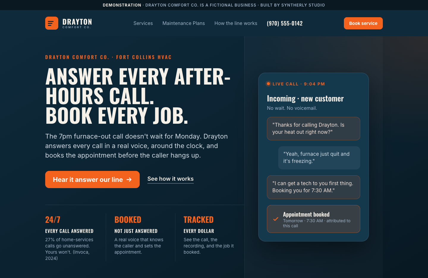 The 7:12 landing page · Drayton Comfort Co. · Demonstration